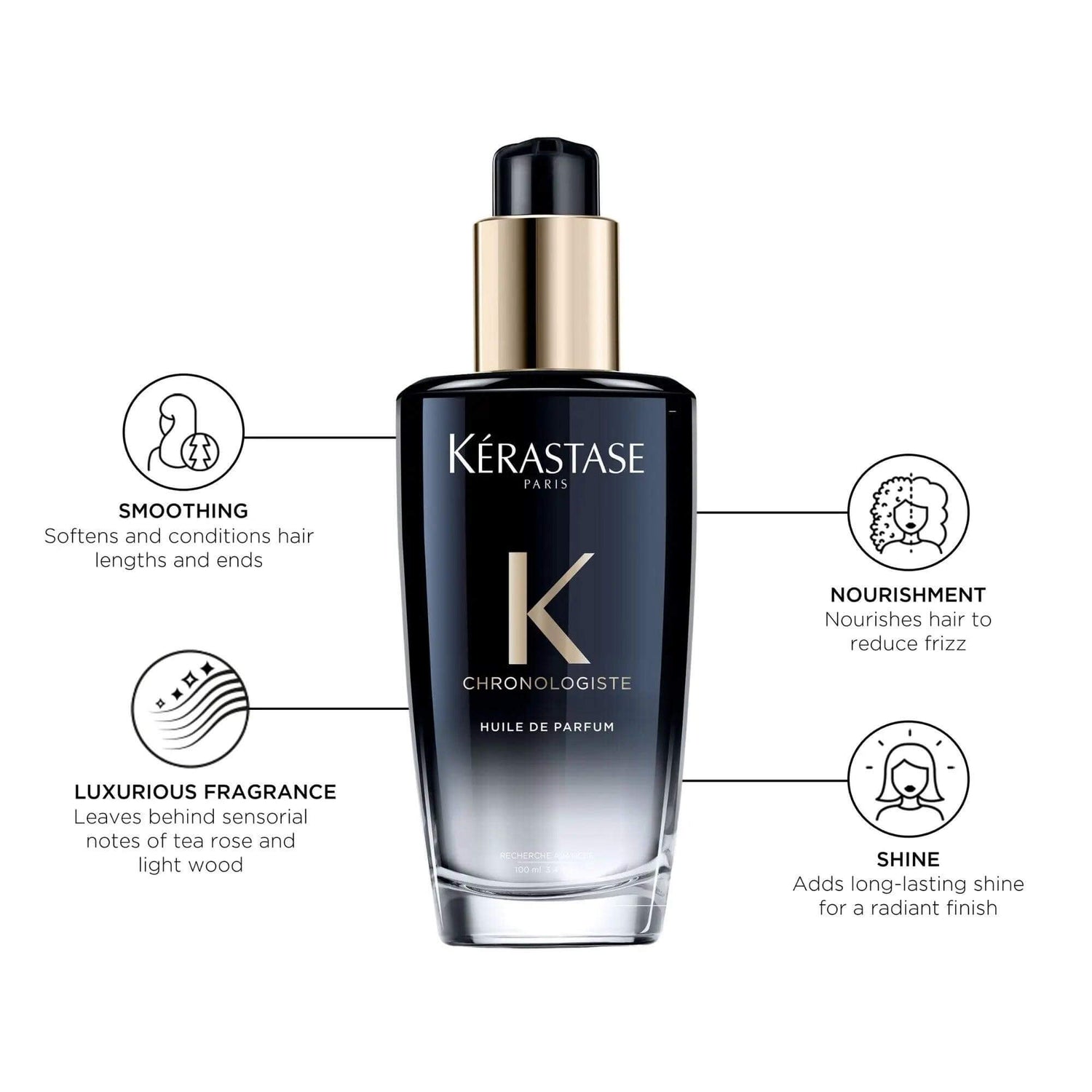 Kérastase Chronologiste Huile De Parfum bottle with benefits: smoothing, luxurious fragrance, nourishment, and shine for all hair types.