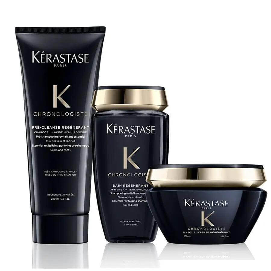 Kerastase Chronologiste Scalp and Hair Revitalizing Care Set with shampoo, mask, and pre-cleanse for rejuvenation and softness.