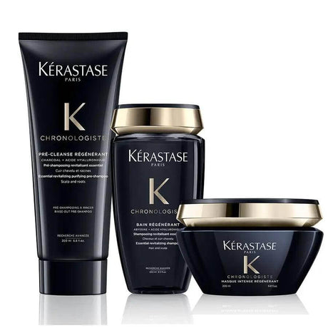 Kerastase Chronologiste Scalp and Hair Revitalizing Care Set with shampoo, mask, and pre-cleanse for rejuvenation and softness.