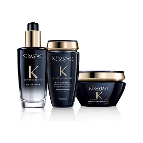 Kerastase Chronologiste Sensorial Hair Revitalizing Haircare set featuring Huile de Parfum, Bain Régénérant, and Masque Intense Régénérant.