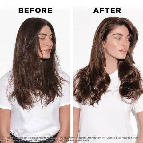 Before and after results using Kérastase Chronologiste Sérum Universel, transforming hair from frizzy to smooth and shiny.