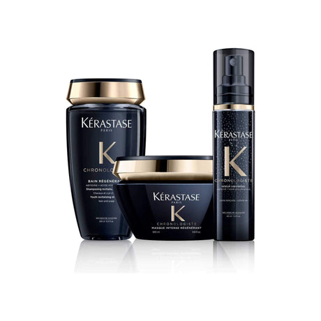 Kérastase Chronologiste Ultimate Luxury Care Set with Bain Régénérant, Masque, and Serum for revitalizing hair care.