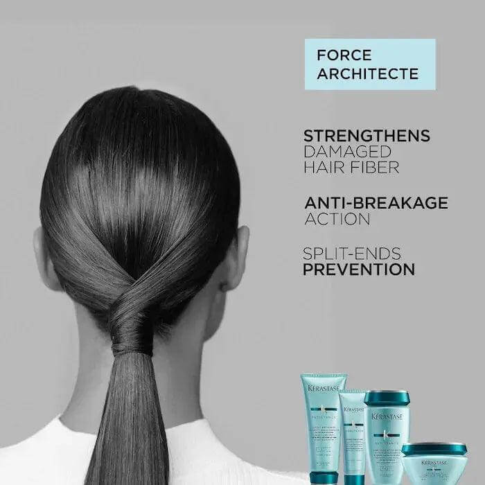 Back view of sleek hair with Kérastase Force Architecte products for strengthening damaged hair and preventing split ends.