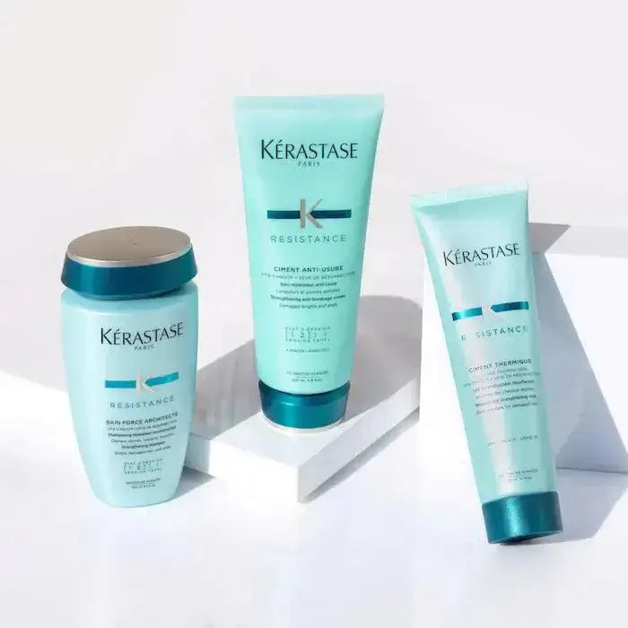 Kerastase Resistance hair care products including Ciment Thermique leave-in cream for heat protection and hair repair.