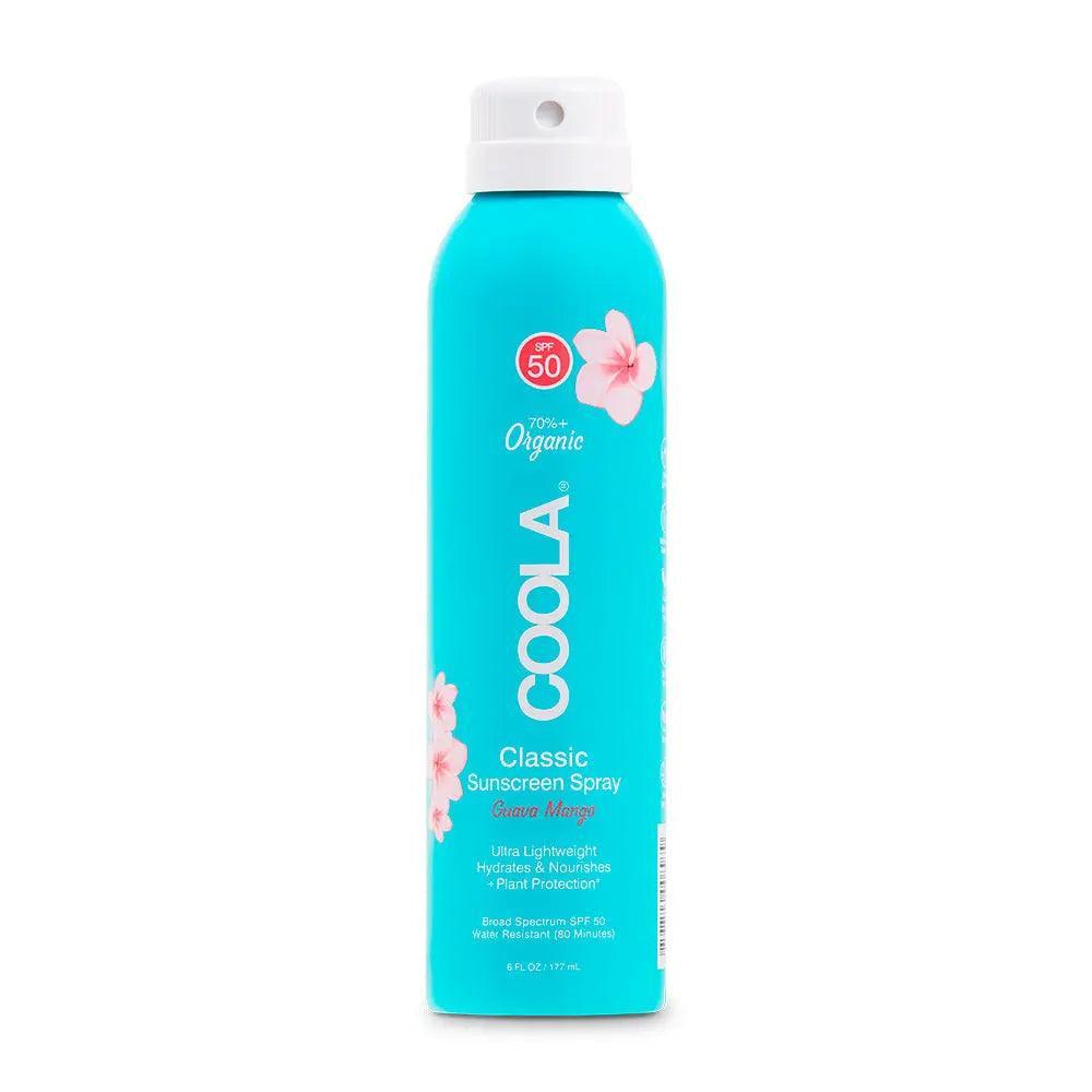 Classic Body Organic Sunscreen Spray SPF 50 with Guava Mango scent in blue bottle, featuring antioxidant Plant Protection formula.