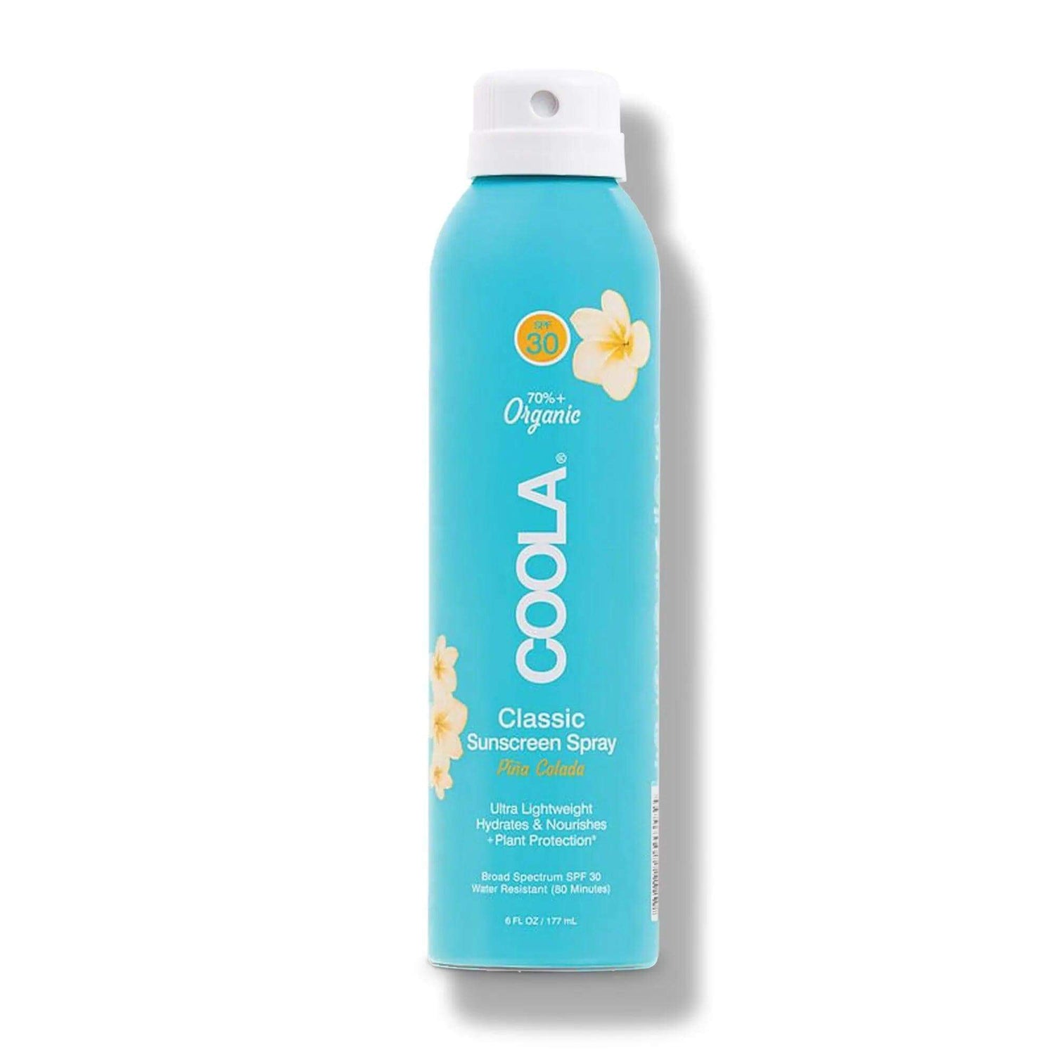 Classic Body SPF 30 Pina Colada Sunscreen Spray, Eco-Lux size with organic formula, continuous spray can.