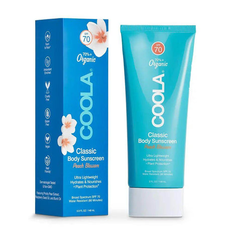 COOLA Classic Body Sunscreen SPF 30 Tropical Coconut, organic lotion with UVA/UVB protection, shown with packaging and tube.