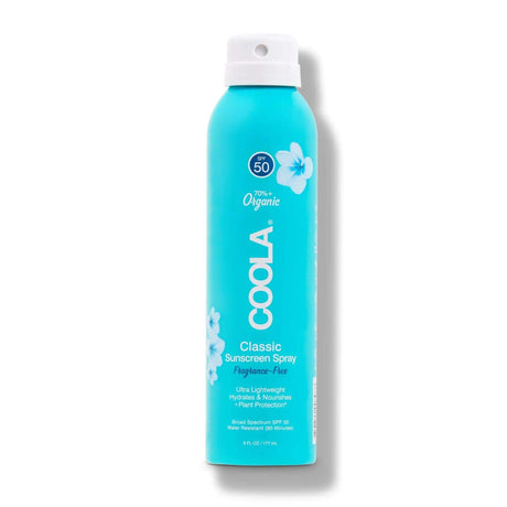 Classic Body SPF 50 Fragrance Free Sunscreen Spray bottle with blue packaging and organic label, offering UVA/UVB protection.