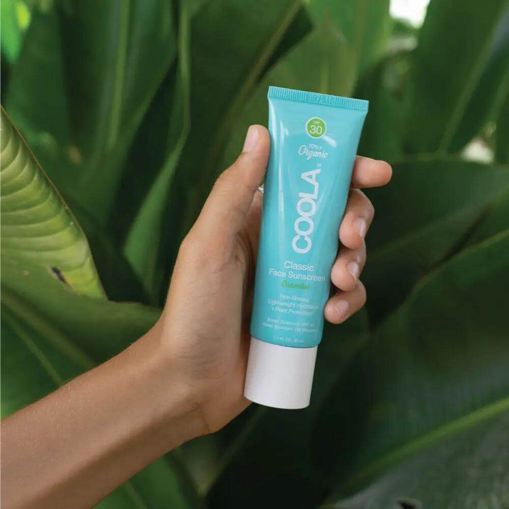 Person holding Classic Face Organic Sunscreen Lotion SPF 30 - Cucumber, in front of green leaves.