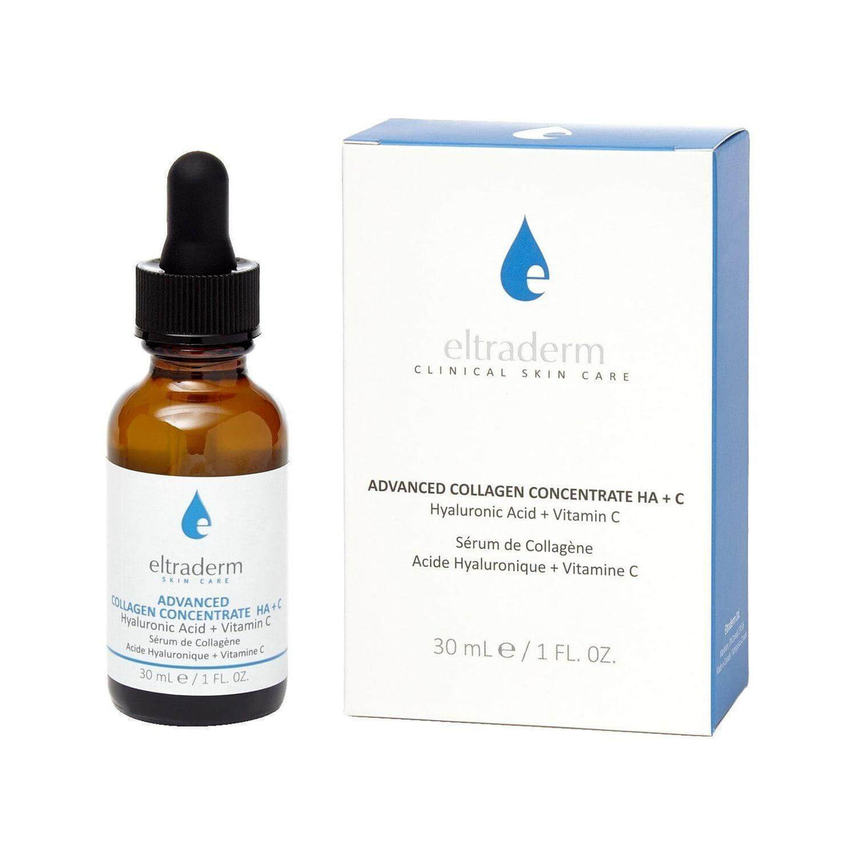 Eltraderm Clinical Advanced Collagen Concentrate HA+C serum bottle and box with soluble collagen and hyaluronic acid.