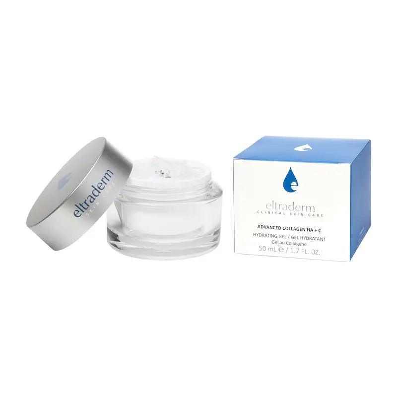 Eltraderm Clinical Advanced Collagen HA+C Hydrating Gel in jar with box for enhanced skin resilience and hydration.