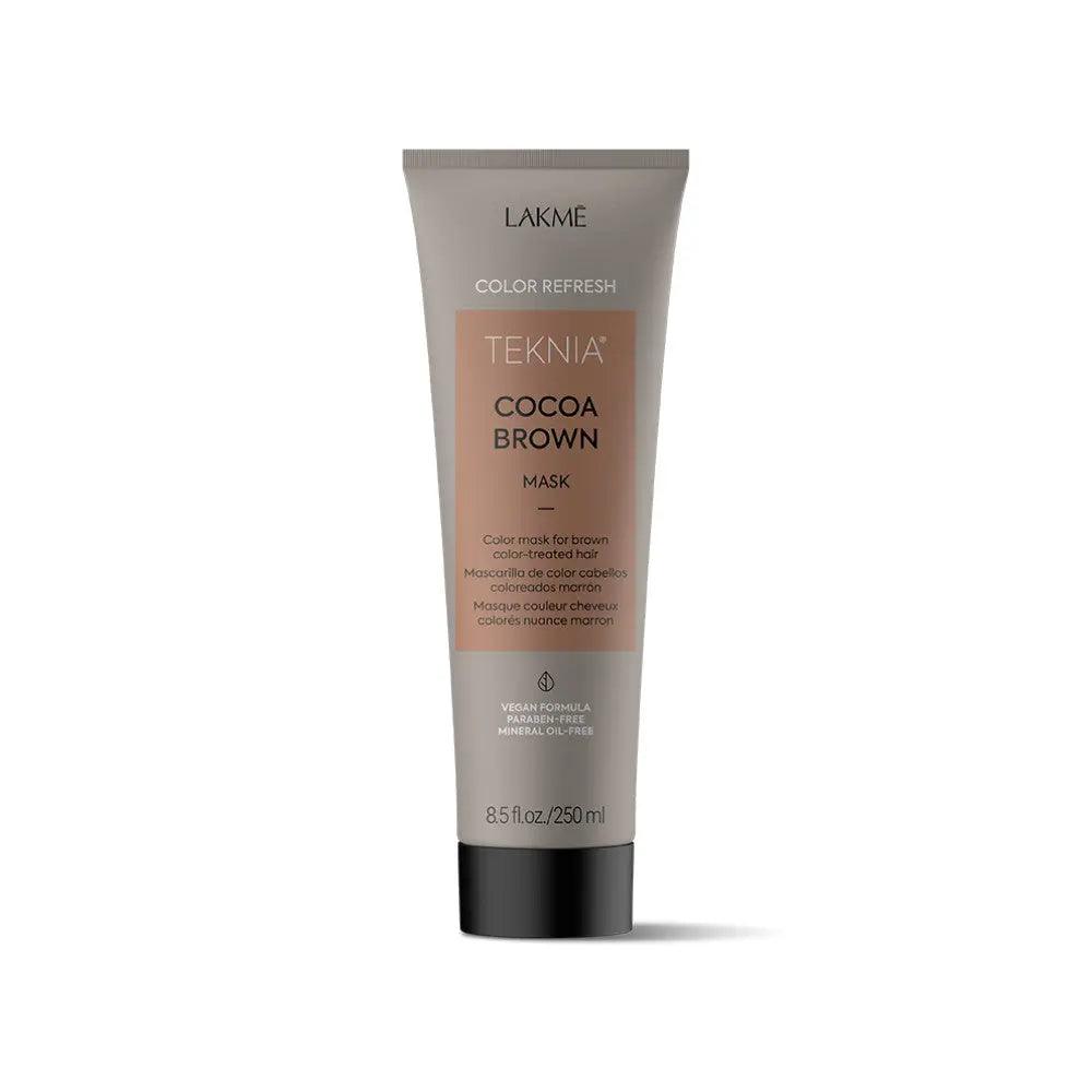 Cocoa Brown Mask for hair repair and color vibrancy, with cocoa extract and ceramide system, vegan and paraben-free formula.