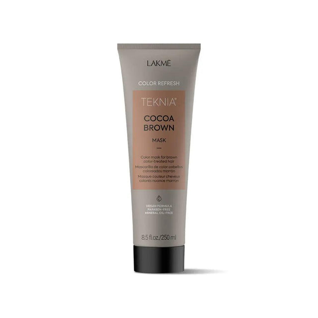 Cocoa Brown Mask for hair repair and color vibrancy, with cocoa extract and ceramide system, vegan and paraben-free formula.
