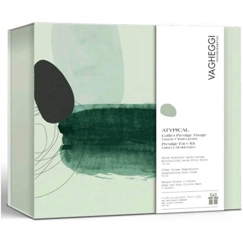 Coffret Atypical skincare set with hydrating serum, regenerating cream, and eye mask sachets. Includes bonus cleaning gel scrub.