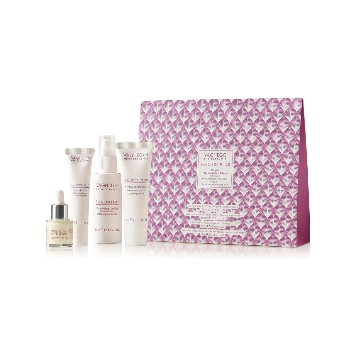 Coffret Découverte Emozioni Plus for sensitive skin, includes cream, mist, soothing cream, and anti-pollution drops.