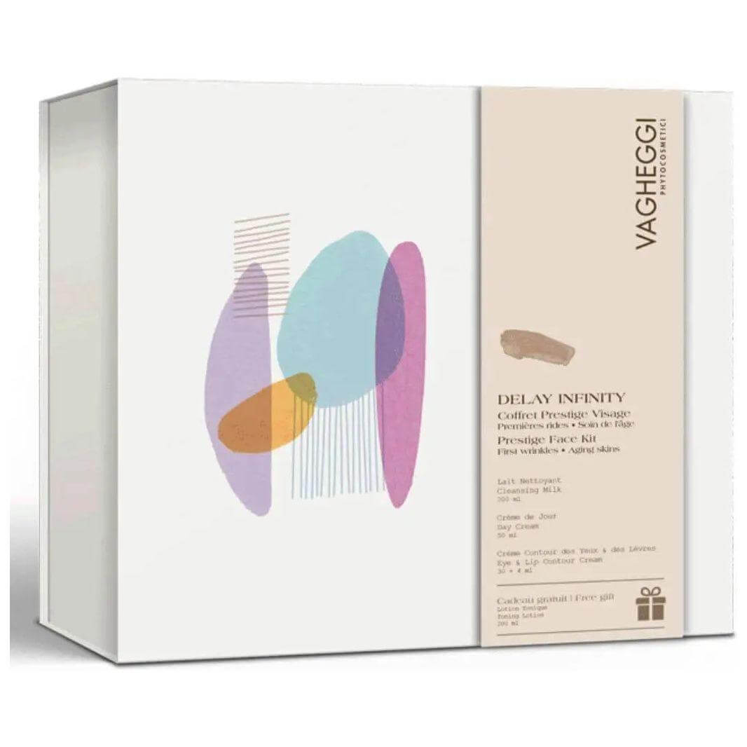 Coffret Delay Infinity skincare set with cleansing milk, day moisturizer, and eye contour cream for initial wrinkle care.