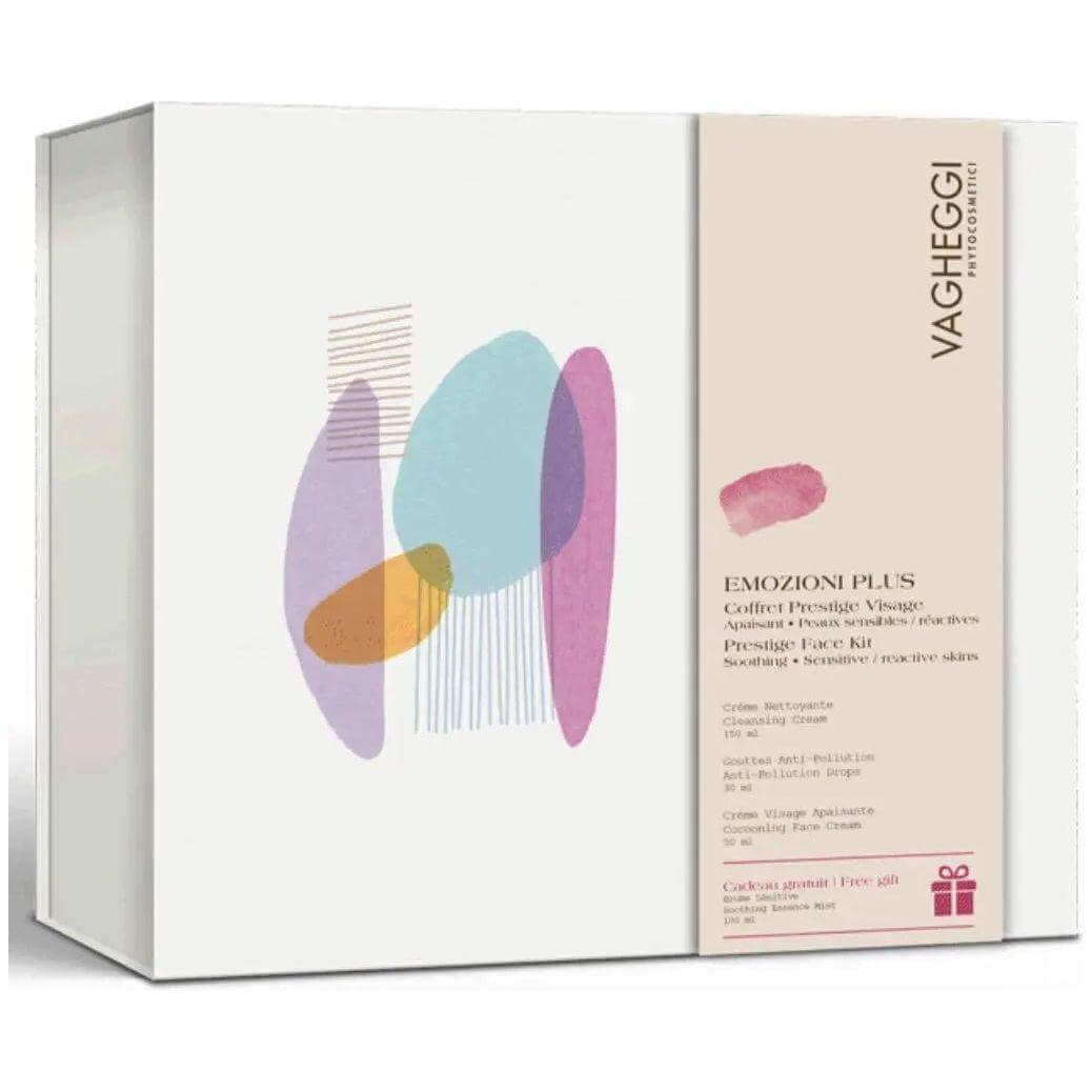 Coffret Emozioni Plus skincare set for sensitive skin with cleansing cream, facial cream, and pollution defense drops.