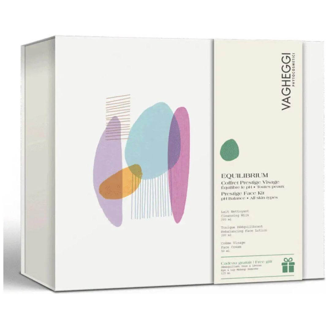Coffret Equilibrium skincare set with cleansing milk, tonic, facial cream, and eye lip makeover for balanced pH. Suitable for all skin types.