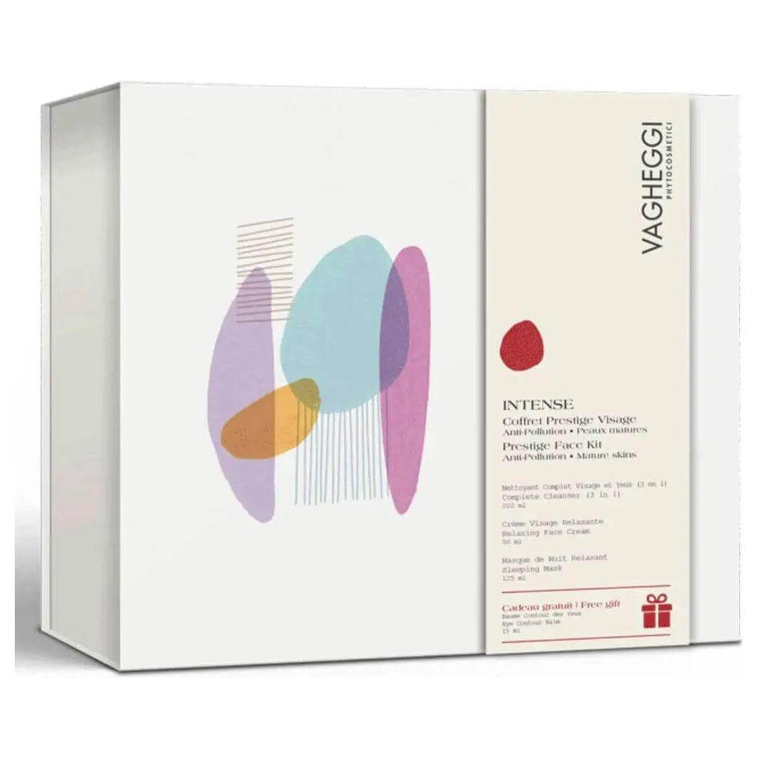 Vagheggi Coffret Intense set with anti-pollution cleanser, soothing cream, calming night mask, and eye contour cream gift.