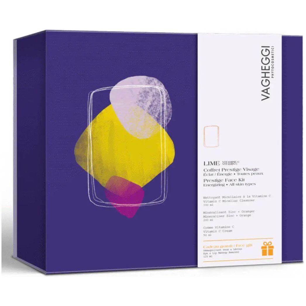 Vagheggi Lime Coffret with Micellar Cleanser, Vitamin C Cream, and Gifts, designed for all skin types. Purple and yellow packaging.