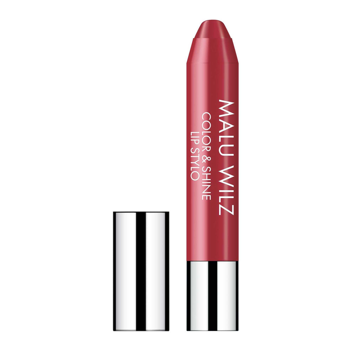 Malu Wilz Color & Shine Lip Pencil with glossy finish, shown uncapped next to silver cap. Multifunctional lip liner and lipstick.