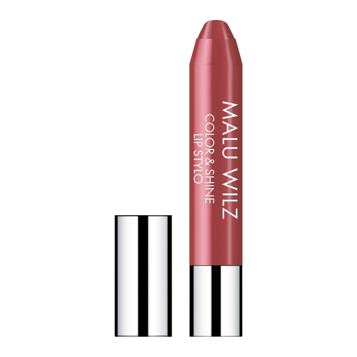 Malu Wilz Color & Shine Lip Pencil with cap off, showcasing glossy finish and vibrant color for defining lips.