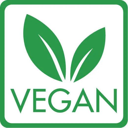 Vegan symbol with two green leaves and the word "Vegan" underneath.
