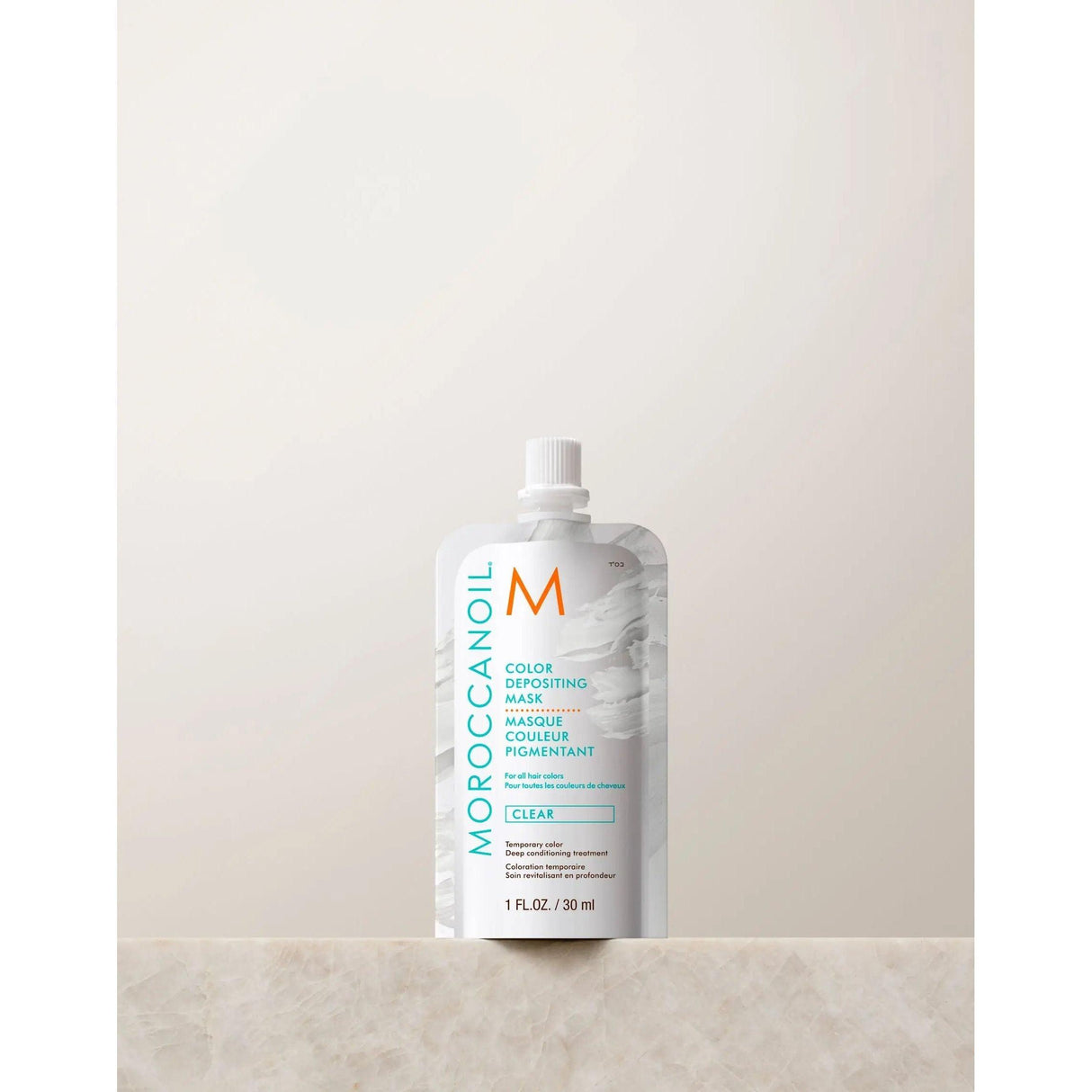 Moroccanoil Color Depositing Mask 30ml in white packaging with argan oil for vibrant hair color and conditioning.