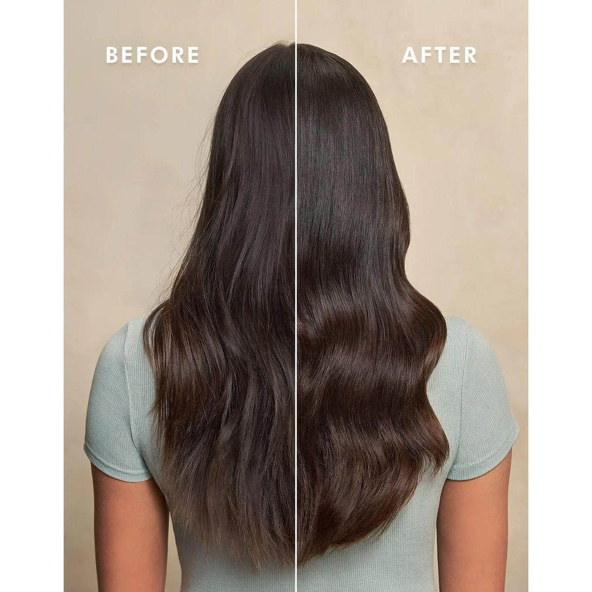Before and after results using Moroccanoil Color Depositing Mask, showing enhanced tone and shine on long brown hair.