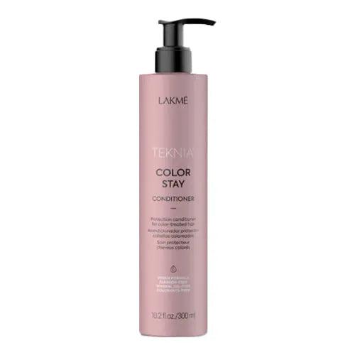 Lakme Teknia Color Stay Conditioner bottle, 10.2 fl oz, hydrates and seals hair, enhances color longevity with sage fragrance.