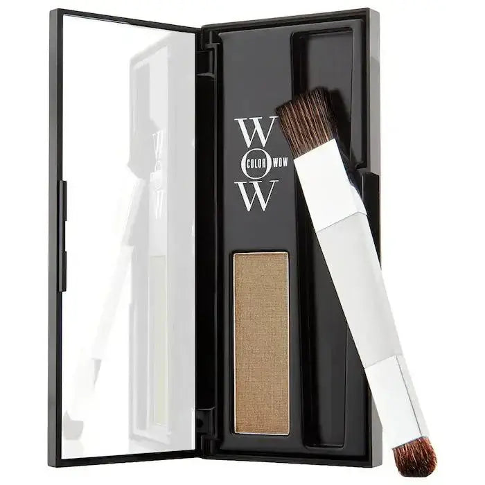 Color Wow Root Coverup Powder with brush, ideal for concealing grays, enhancing highlights, and adding hair thickness.
