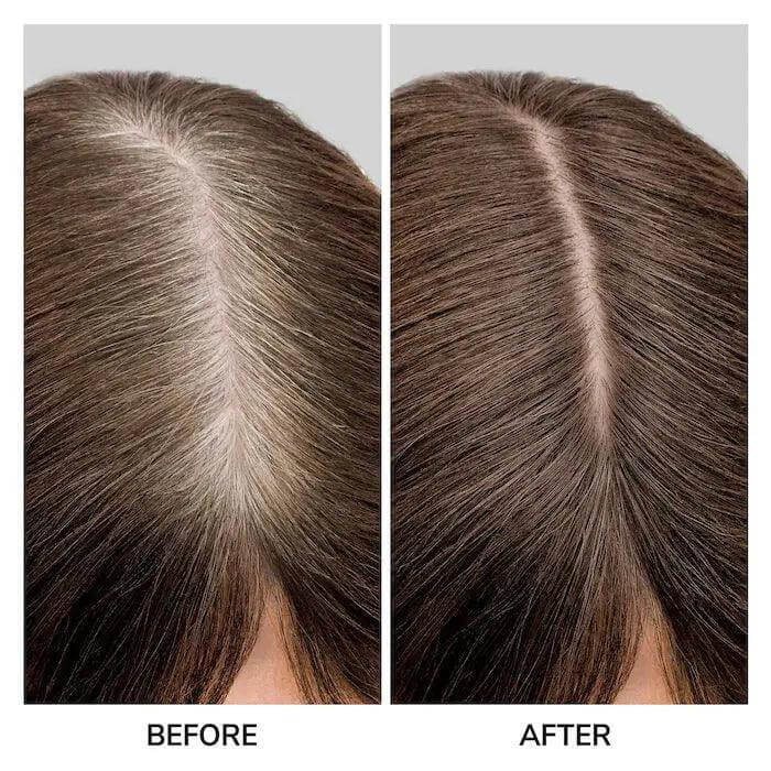 Before and after using Color Wow Root Coverup Powder, showing gray roots concealed and hair appearing thicker.
