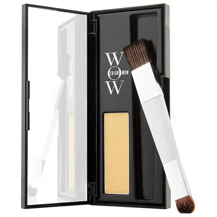 Color Wow Root Coverup Powder with brush, concealing grays, enhancing highlights, and adding hair thickness