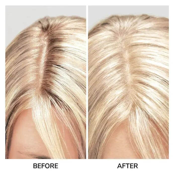 Before and after using Color Wow Root Coverup Powder on blonde hair, concealing gray roots and enhancing highlights.