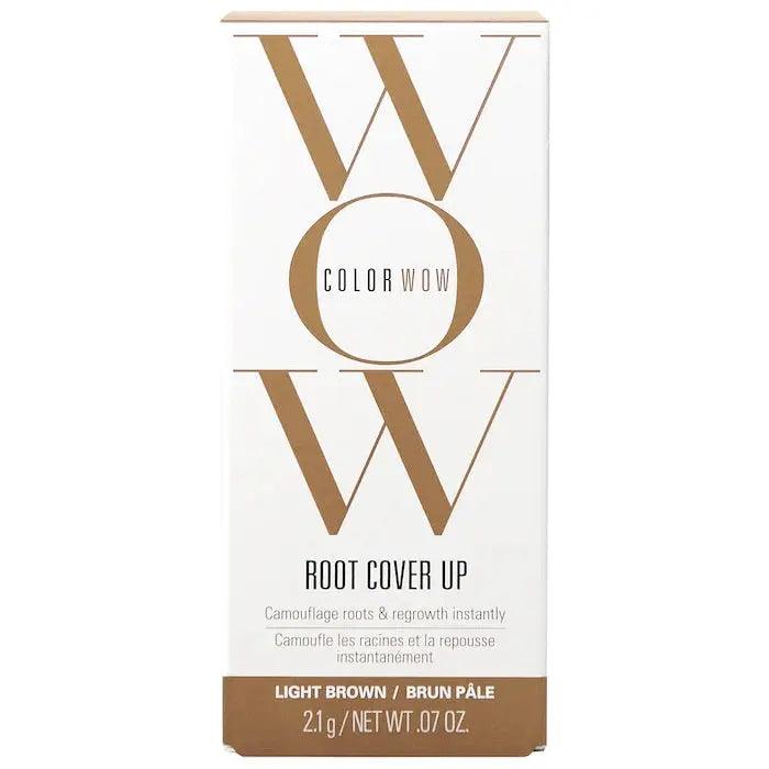 Color Wow Root Coverup Powder packaging, light brown shade, 2.1g. Conceals grays and dark roots, enhances highlights, adds thickness.