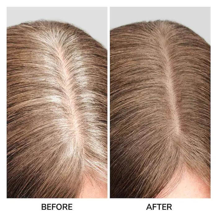 Before and after image showing hair roots covered with Color Wow Root Coverup Powder, effectively concealing gray hair and dark roots.