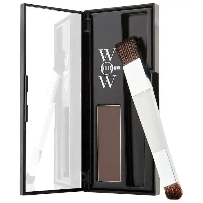 Color Wow Root Coverup Powder with brush for concealing gray roots and enhancing highlights.
