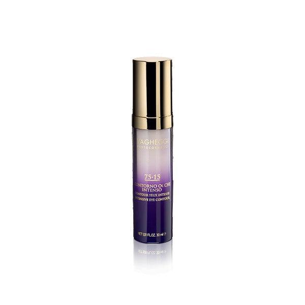 75-15 Intensive Eye Contour serum with pistachio resin and brown algae, reduces wrinkles and puffiness, 30ml bottle.