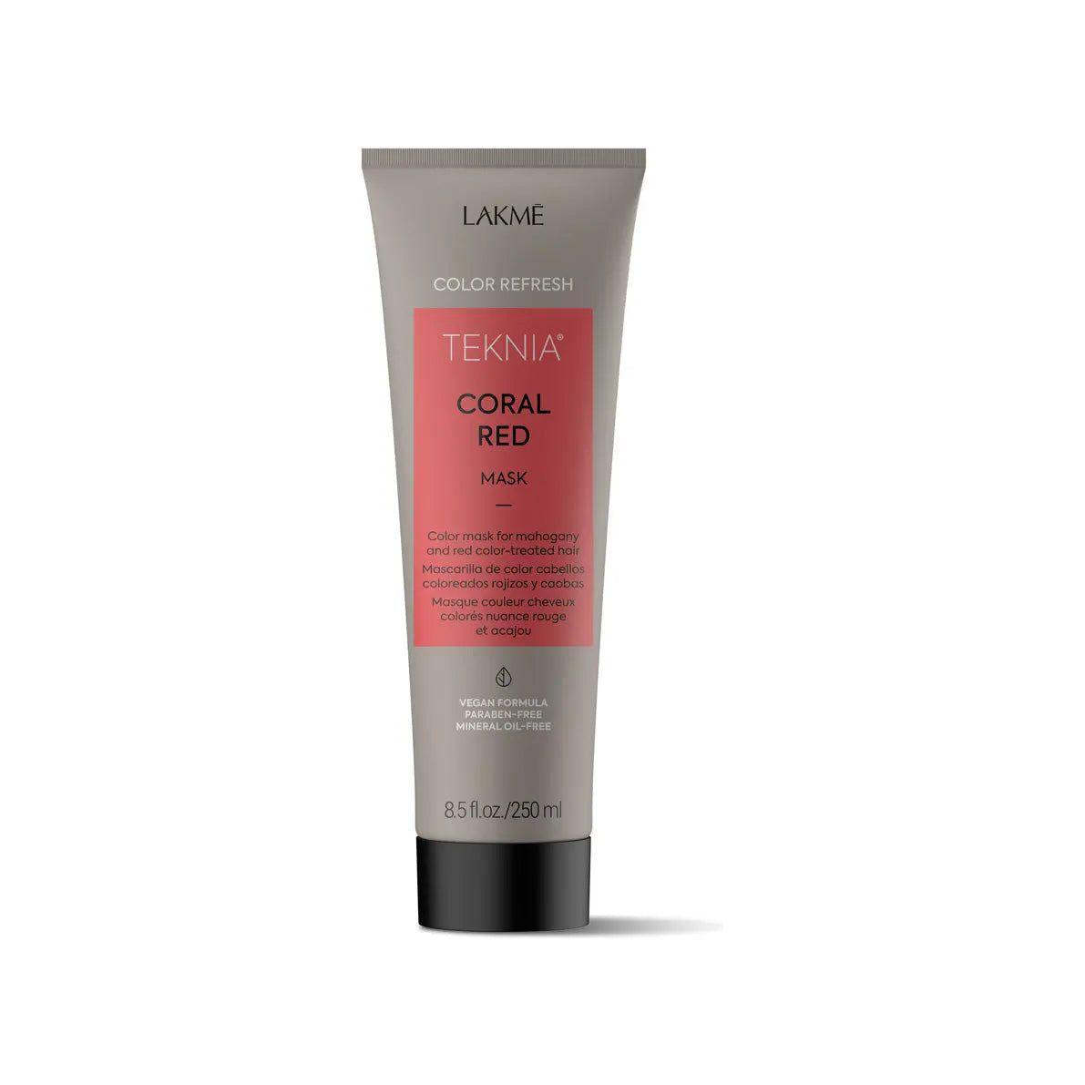 Lakme Teknia Coral Red Mask for hair repair and color vibrancy, 250ml tube.
