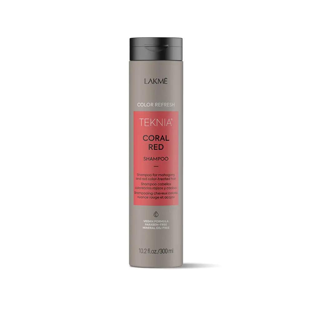 Teknia Coral Red Shampoo with organic red algae, enhances color brilliance and smoothness, vegan formula, tropical citrus scent.