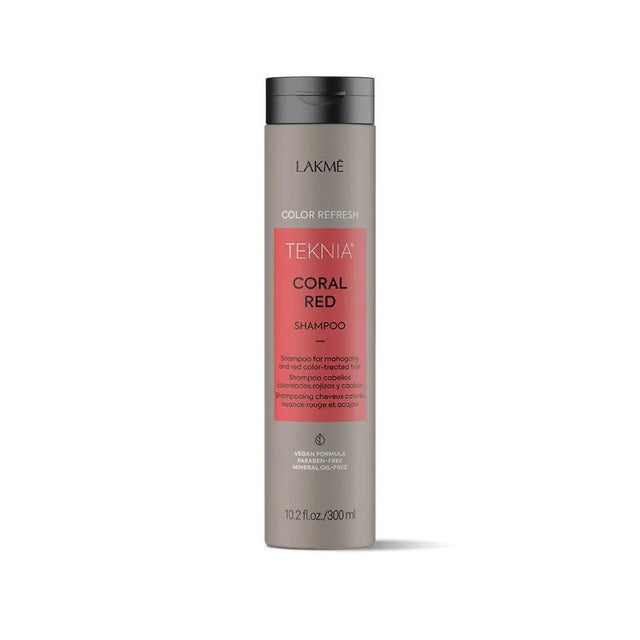 Teknia Coral Red Shampoo with organic red algae, enhances color brilliance and smoothness, vegan formula, tropical citrus scent.