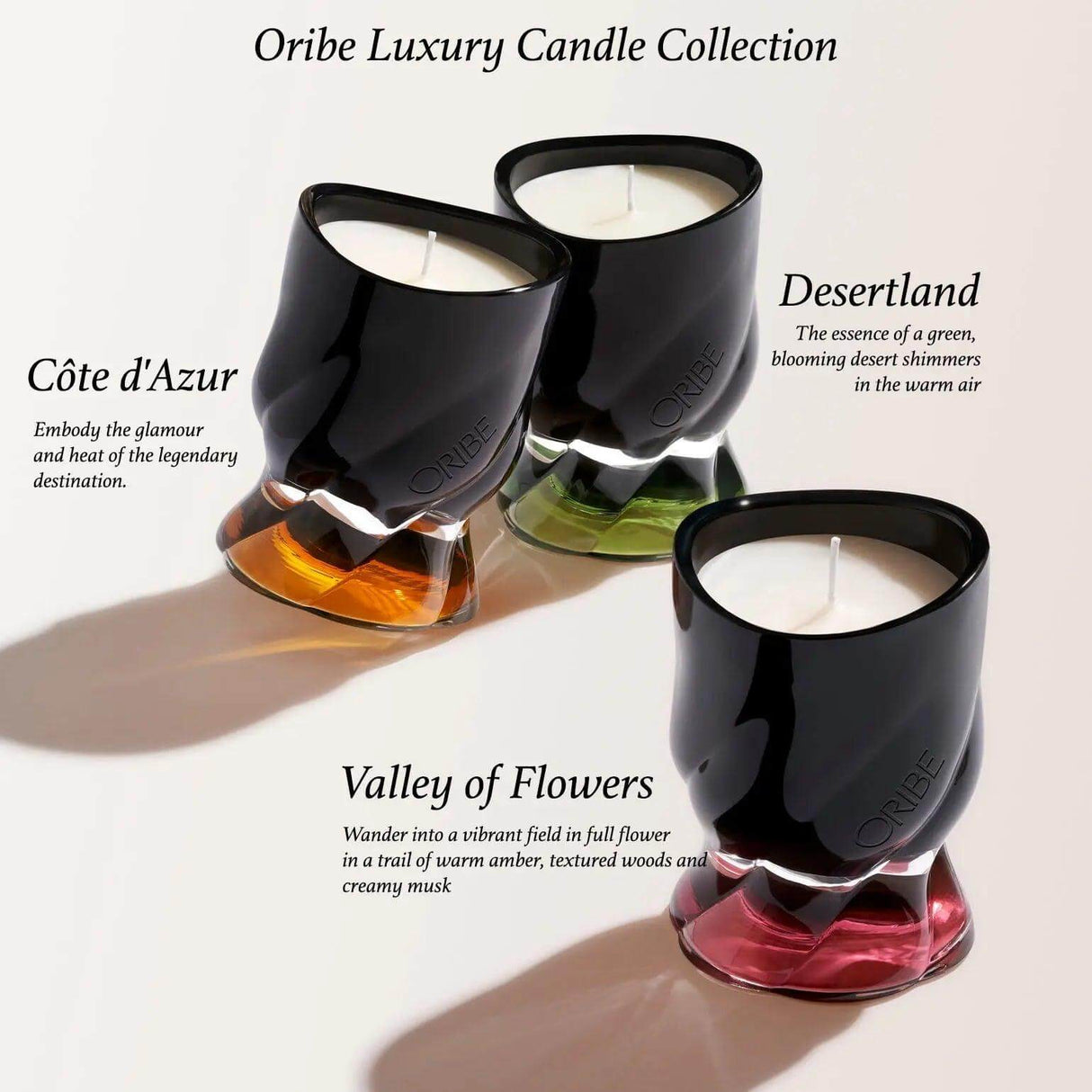 Côte d'Azur, Desertland, and Valley of Flowers scented candles from Oribe Luxury Candle Collection in elegant glass holders.