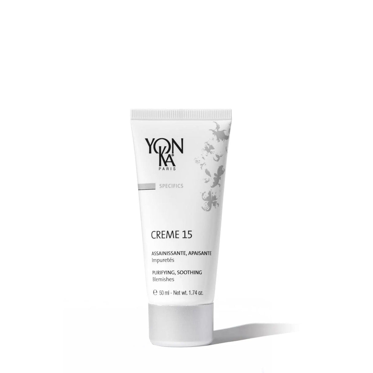 Yonka Creme 15 tube for oily and combination skin, targets blemishes and excessive oil, features plant extracts.