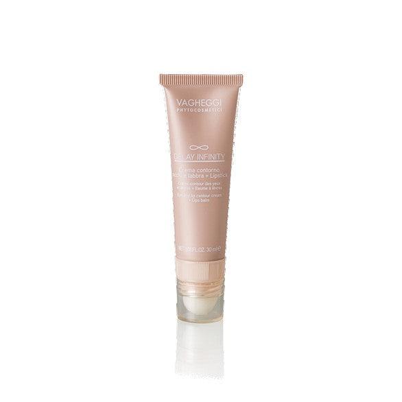 Delay Infinity Eye and Lip Contour Cream 30ml tube with nourishing ingredients like avocado and macadamia oils.