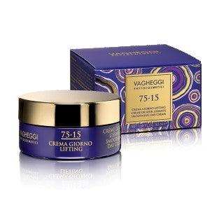 75-15 Smoothing Day Cream in blue jar and packaging, ultra-hydrating with lentisque pistachier resin and passiflora oil for youthful skin.