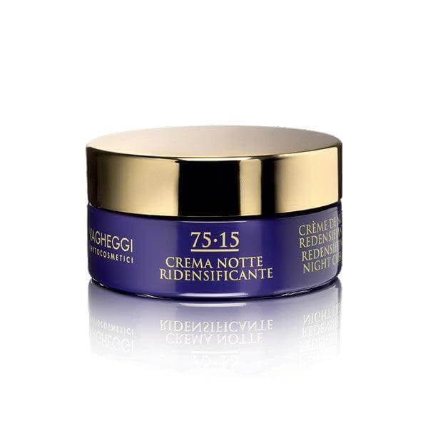 75-15 Redensifying Night Cream jar with gold lid, designed to nourish, hydrate, and reduce aging signs on face, neck, and décolleté.