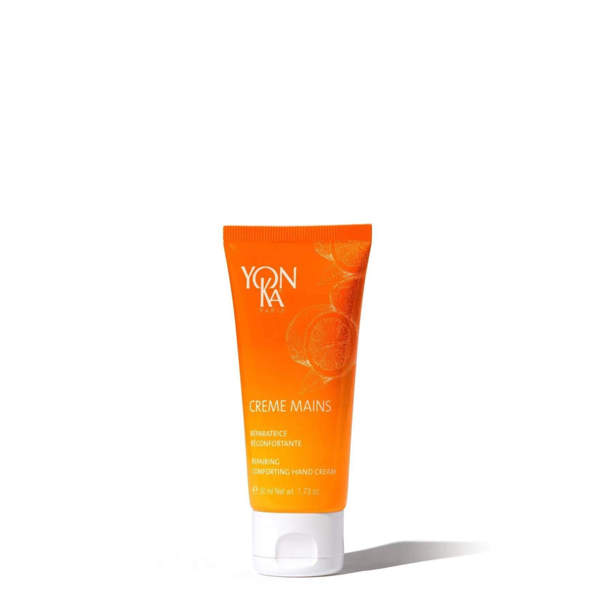 Yonka Creme Mains hydrating hand cream for moisturizing and softening skin, suitable for all skin types, targets dryness and aging signs.