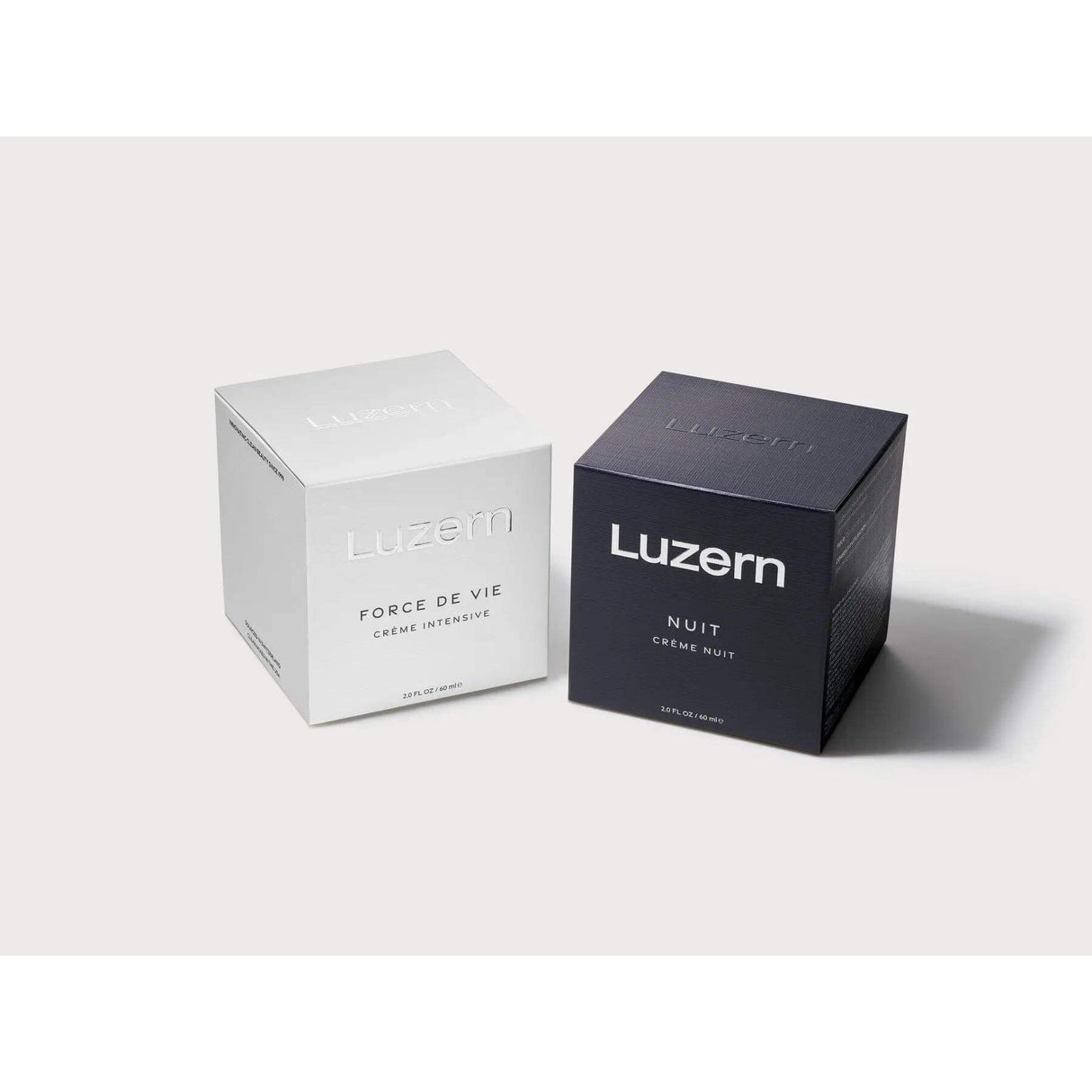 Luzern Crème Nuit and Crème Intensive packaging for nighttime neck treatment with Swiss Alpine Extracts, Retinol, and Peptides.