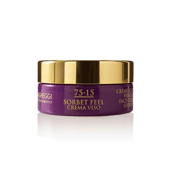 75·15 Sorbet Feel Face Cream in a purple jar with a gold lid, perfect for reducing signs of aging and rejuvenating oily skin.