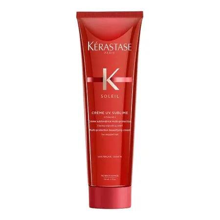 Kérastase Crème UV Sublime hair cream for UV and heat protection in a red tube, suitable for all hair types and textures.